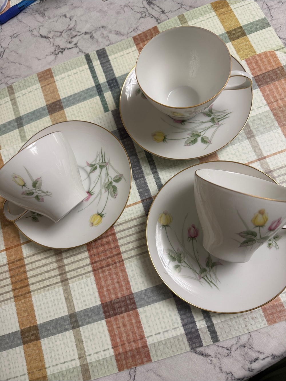 White Bone China Teacups and saucers with Yellow & Pink Rose Accents